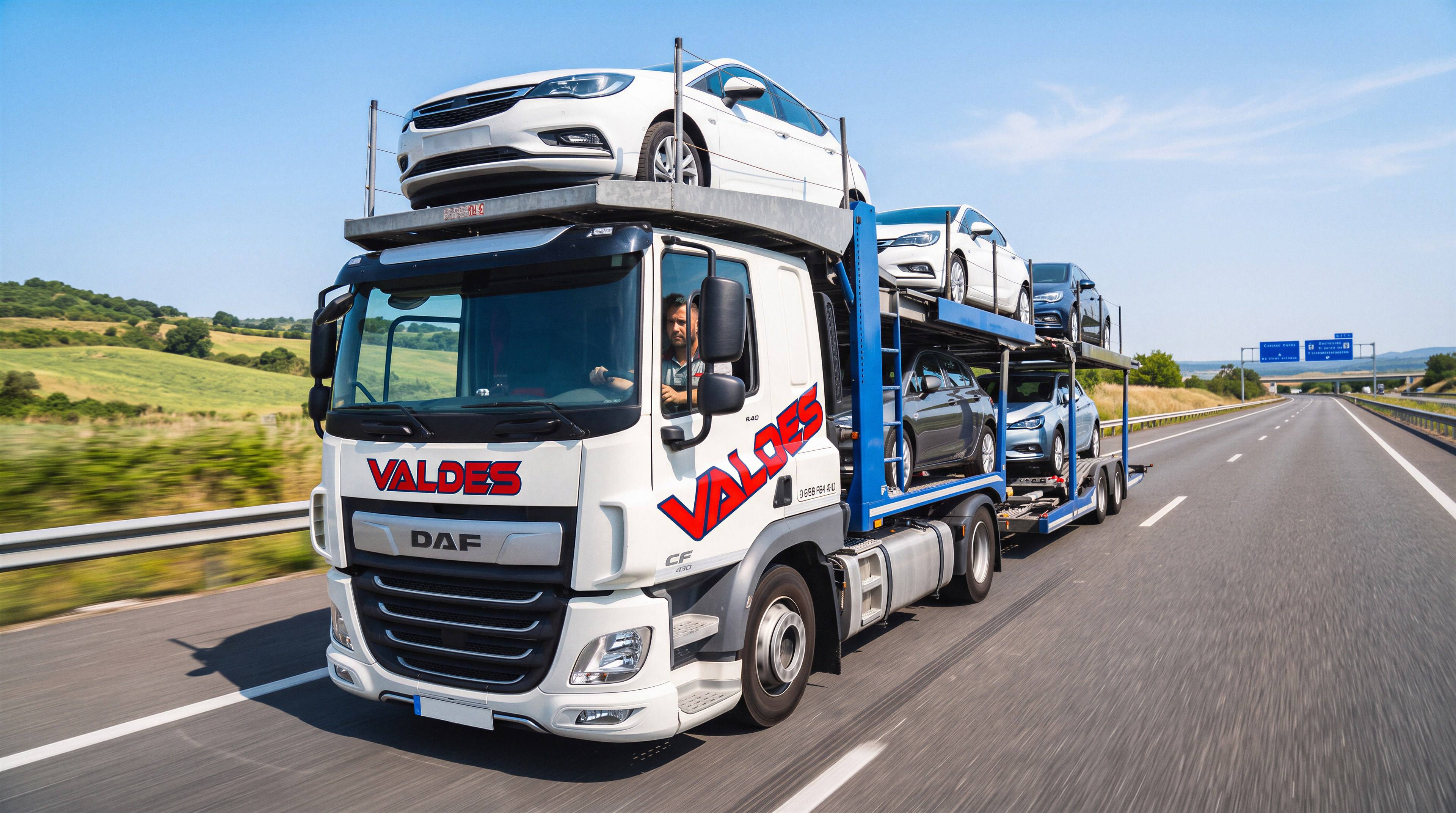 Camión DAF portavehículos de Valdés Express cargado de coches, en la autovía