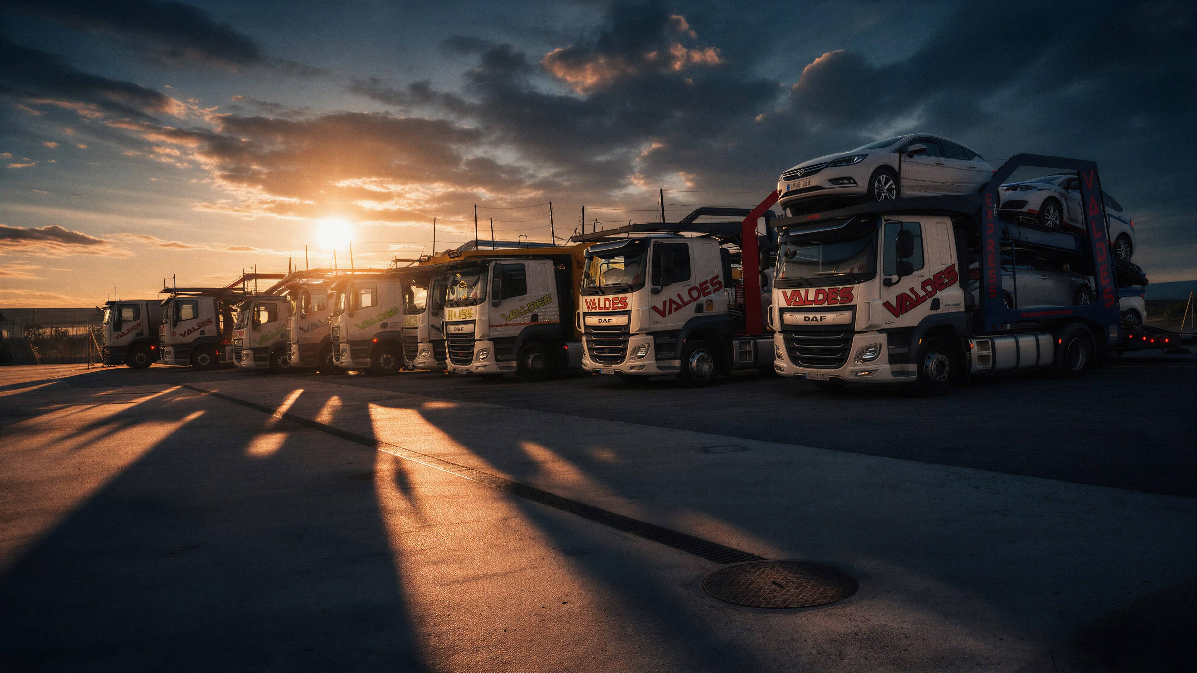 Camiones portavehículos de Valdés Express aparcados en fila en la campa al atardecer