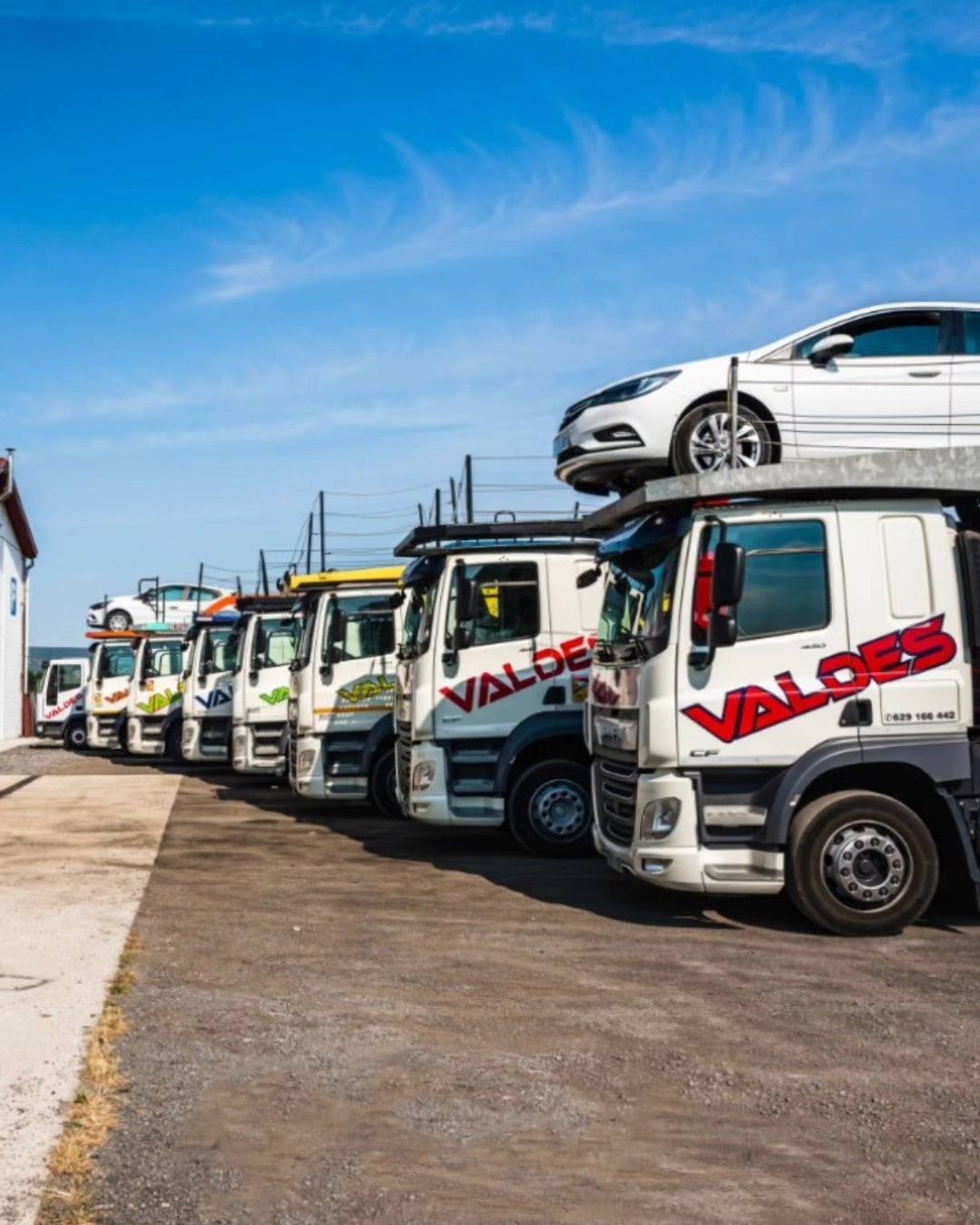 Camiones portavehículos de Valdés Express aparcados en fila